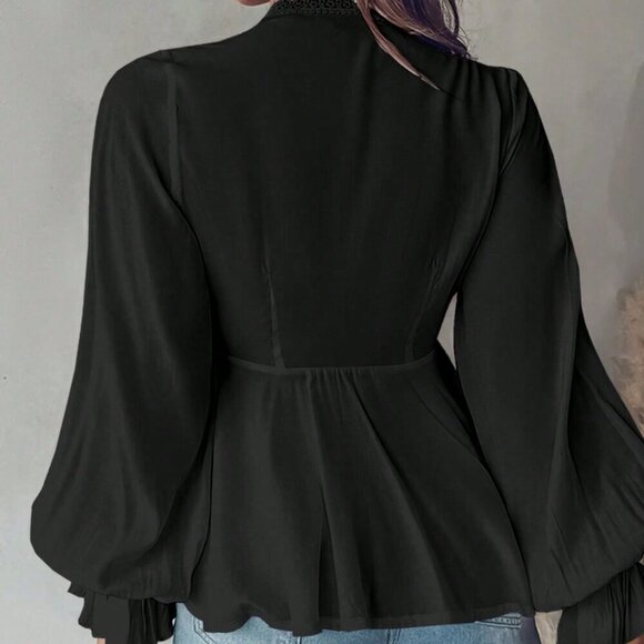 Black Boho Women's Casual Lace Patchwork Ruffle Sleeve Blouse - Picture 2 of 3